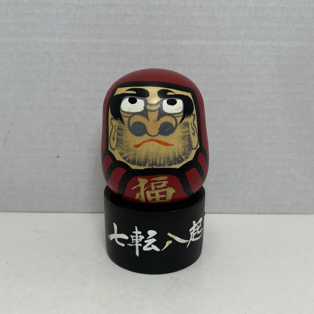 Vtg Japanese Kokeshi Wood 5" Doll Daruma- San Otoshi- 2pc Samurai /Trinket Box A